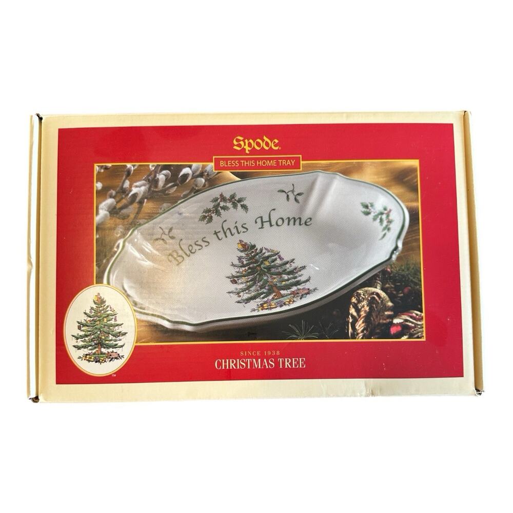 SPODE Christmas Tree “Bless This Home “ Holiday Serving Tray 11" X 7" NIB